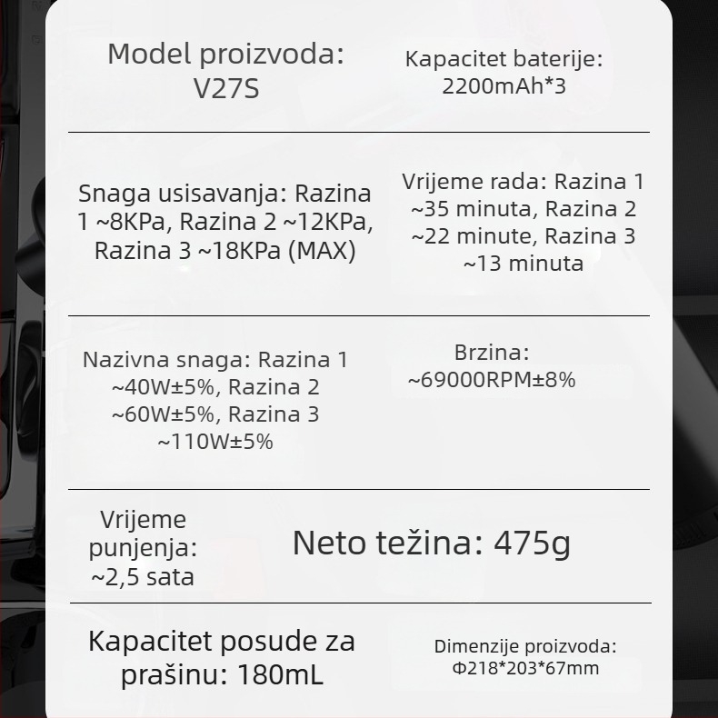 Prijenosni auto usisavač bez četkica, uklanjanje prašine i napuhivanje zraka, 4-u-1, mini usisavač za auto V27S