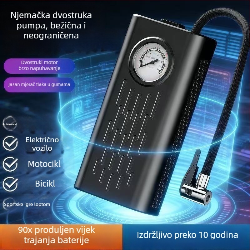 Bežična pumpa za napuhavanje guma automobila, visoke snage, prijenosna ručna, s analognim mjeračem tlaka i univerzalnim nastavkom