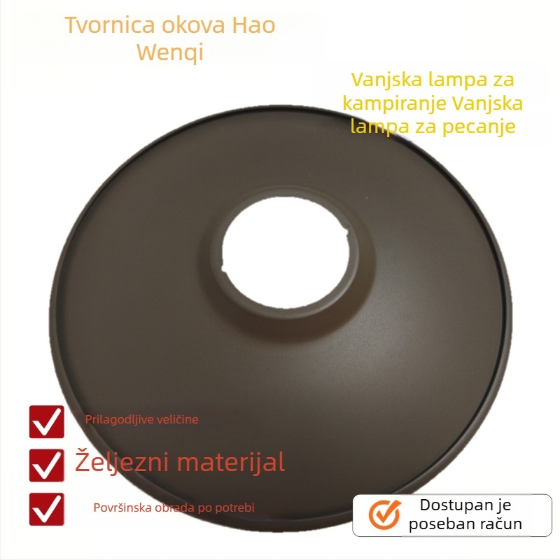 Vanjska kamp-lampa za kampiranje, tijelo od bakra, aluminija i željeza; veličine i boje po narudžbi; abažur od nehrđajućeg čelika.