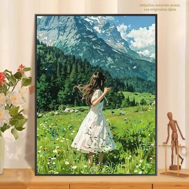 Cvijetna digitalna uljana slika za bojenje — DIY, anime stil, ručno slikanje, zidna umjetnost u drvenom okviru