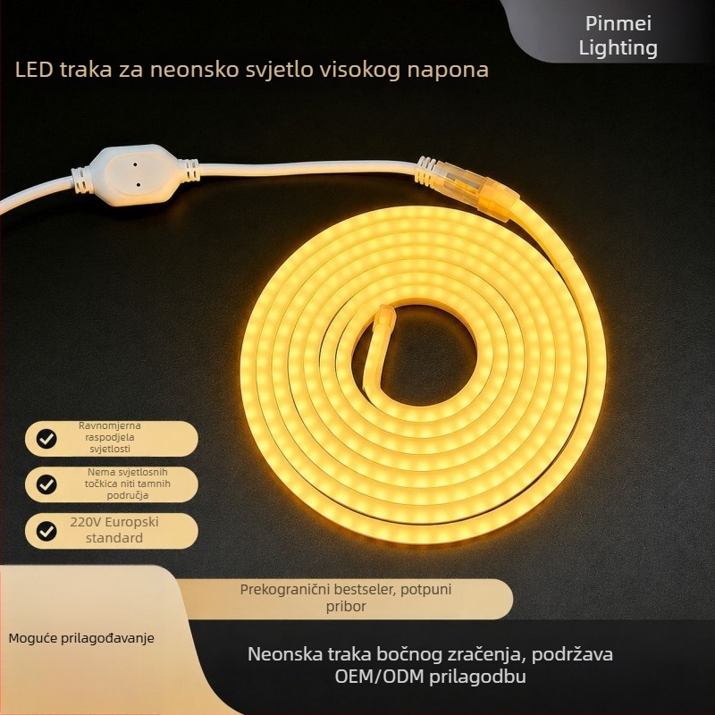 Fleksibilna LED neonska traka, vodootporna COB, jednostrana, 9W/m, 120 LED 2835, 180° snop, dimmabilna, vijek 50.000 h, veličina 15×15 mm