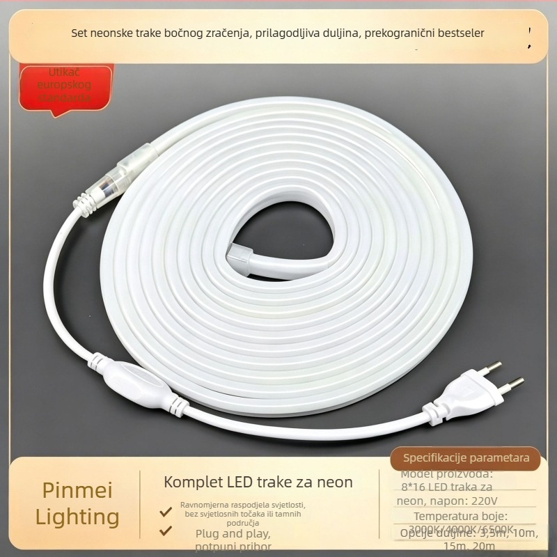 Fleksibilna LED neonska traka, vodootporna COB, jednostrana, 9W/m, 120 LED 2835, 180° snop, dimmabilna, vijek 50.000 h, veličina 15×15 mm
