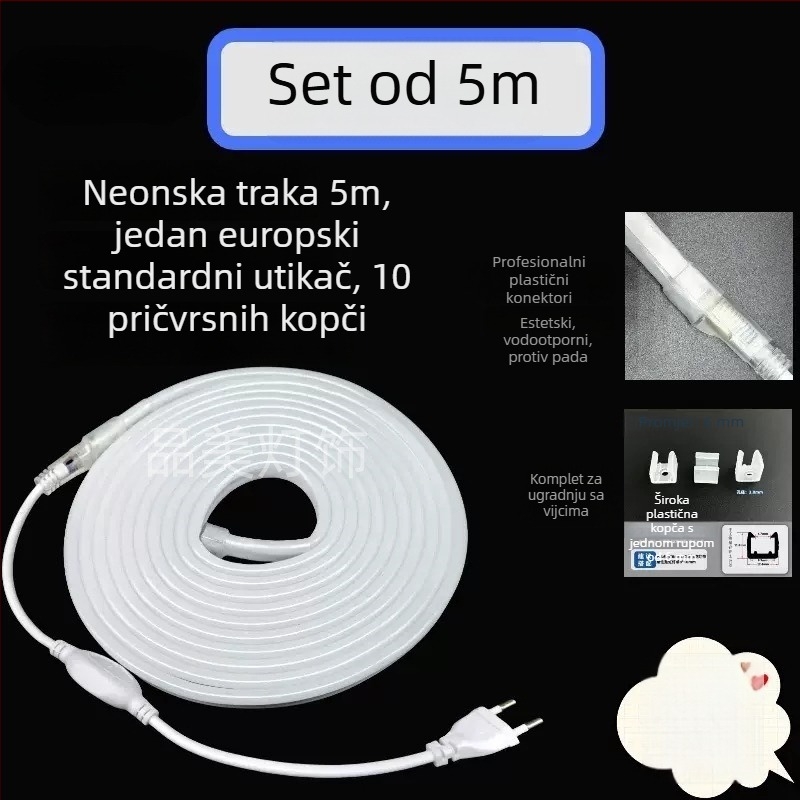 Fleksibilna LED neonska traka, vodootporna COB, jednostrana, 9W/m, 120 LED 2835, 180° snop, dimmabilna, vijek 50.000 h, veličina 15×15 mm
