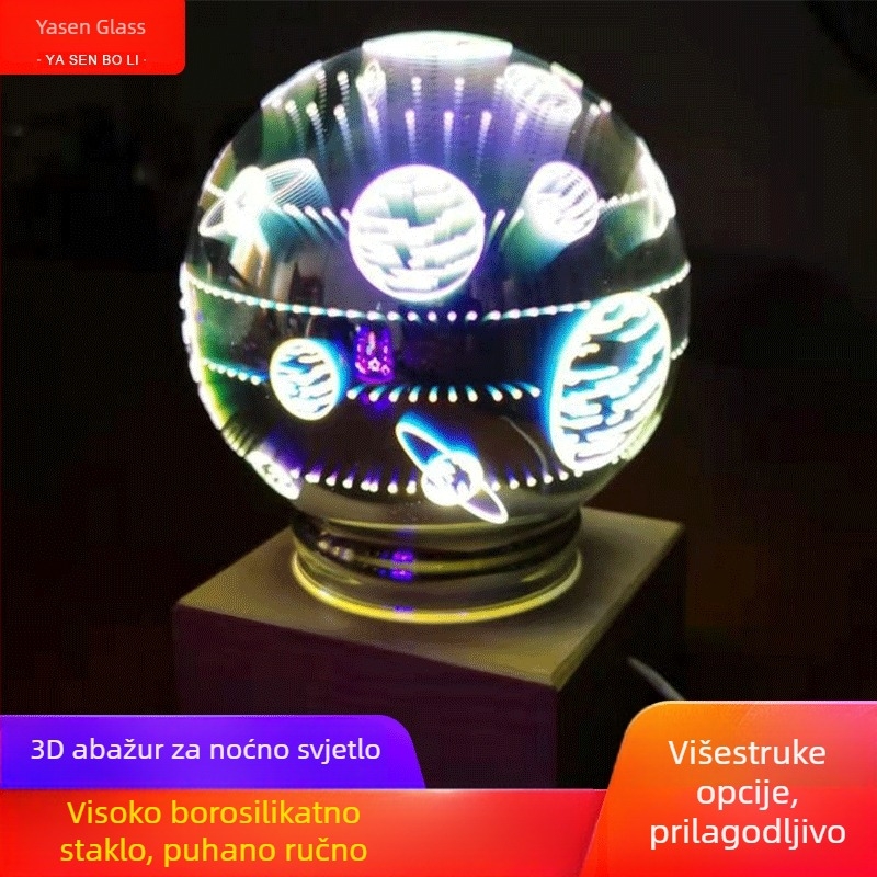 3D staklena noćna svjetiljka s laser graviranim detaljima, difuzorom za aromu i ovlaživačem