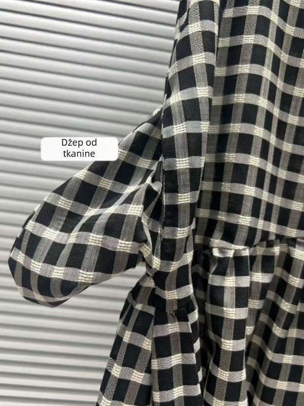 Retro umjetnička bez rukava haljina s crno-bijelim karom, lagana tkanina od Tencel acetata