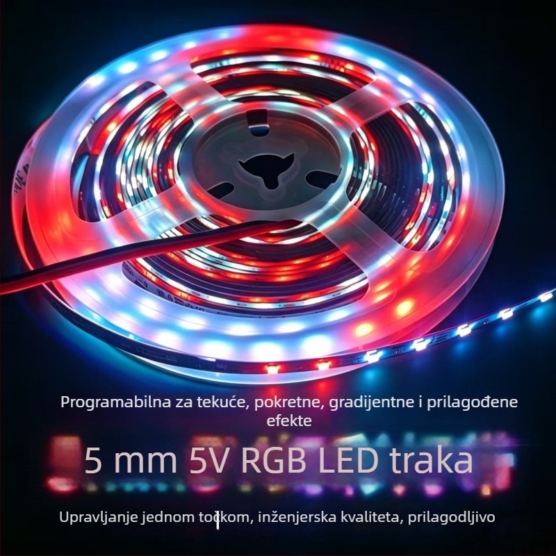 5 mm programabilni RGB LED trak za automobilsku atmosferu s tekućim gradijentnim efektima i prilagodljivim opcijama, 5V