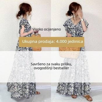 Haljina maxi u japanskom stilu, ljeto 2026., s cvjetnim uzorkom, V-izrezom, A-linijom, lepršavim rukavima