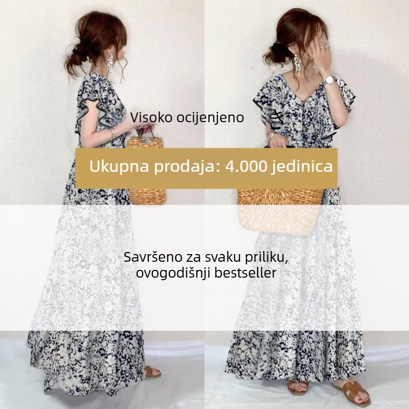 Haljina maxi u japanskom stilu, ljeto 2026., s cvjetnim uzorkom, V-izrezom, A-linijom, lepršavim rukavima