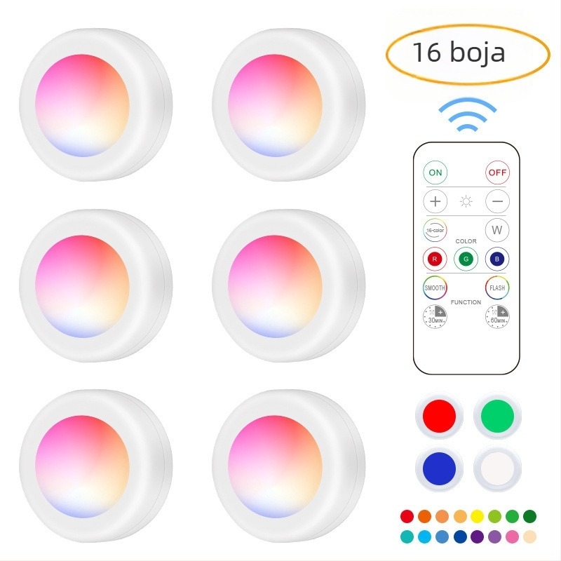 16 boja LED noćna lampica s tipkom i daljinskim upravljačem za promjenu boje, mini svjetlo za ormarić, infracrveno daljinsko upravljanje
