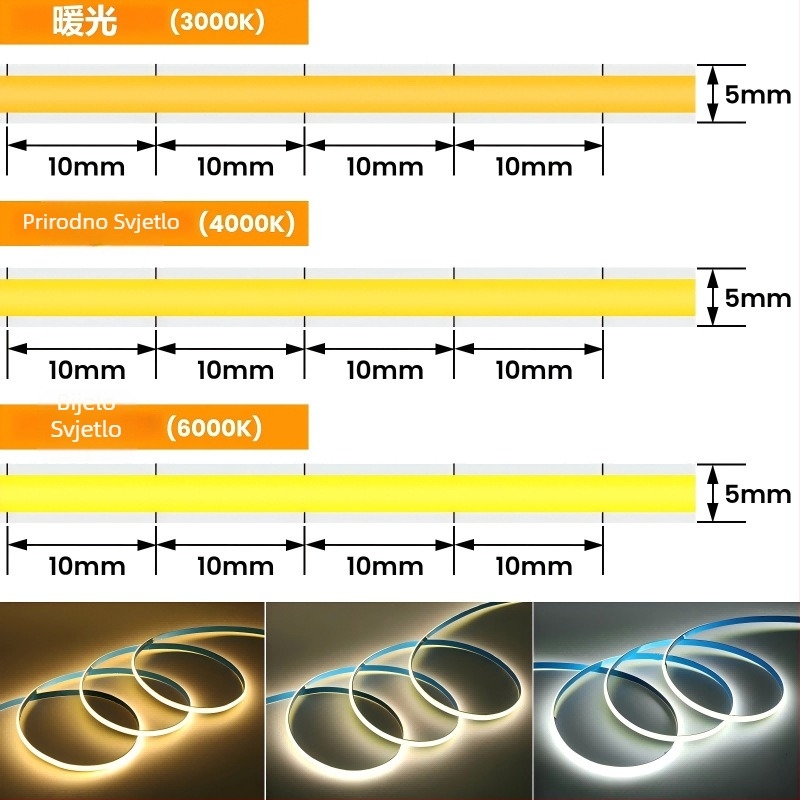 5 mm ultra-tanka COB LED traka, 12 V niskog napona, samoljepljiva, 400 LED dioda, visoka svjetlina, svjetlo indikatora atmosfere, prilagodba
