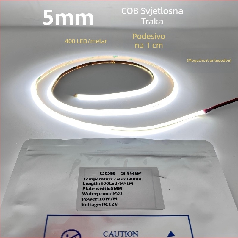 5 mm ultra-tanka COB LED traka, 12 V niskog napona, samoljepljiva, 400 LED dioda, visoka svjetlina, svjetlo indikatora atmosfere, prilagodba