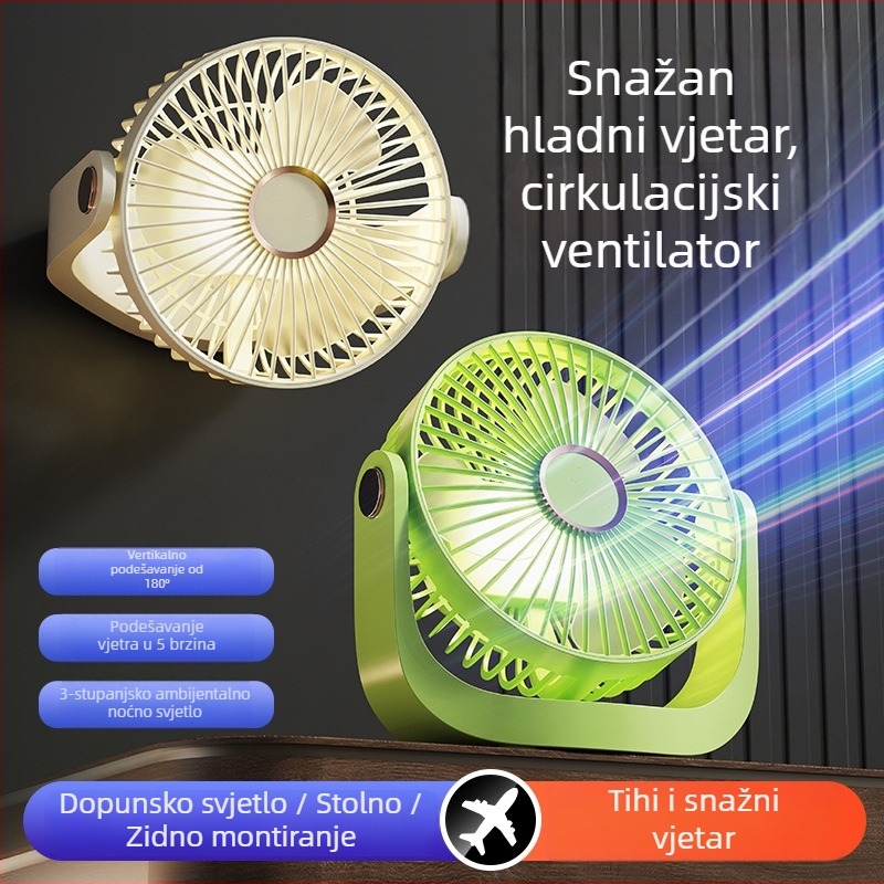 Punjač za stolni ventilator s velikom kapacitetom litijske baterije, ručni ventilator s noćnim svjetlom, USB napajanje, tih, zidni, prilagodljiv