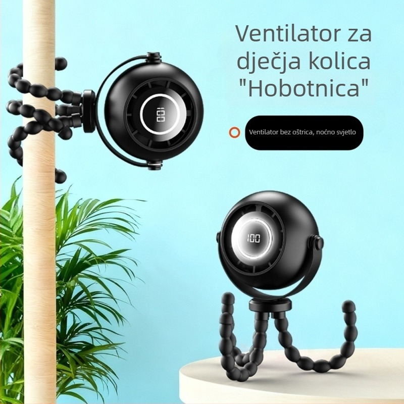 Ventilator u obliku hobotnice, USB stolni, prenosni, LED noćno svjetlo, pogodan za dječja kolica