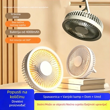 Vanjski kamping ventilator sa noćnim svjetlomom, 2-u-1, prenosni USB punjivi, može se objesiti ili postaviti.