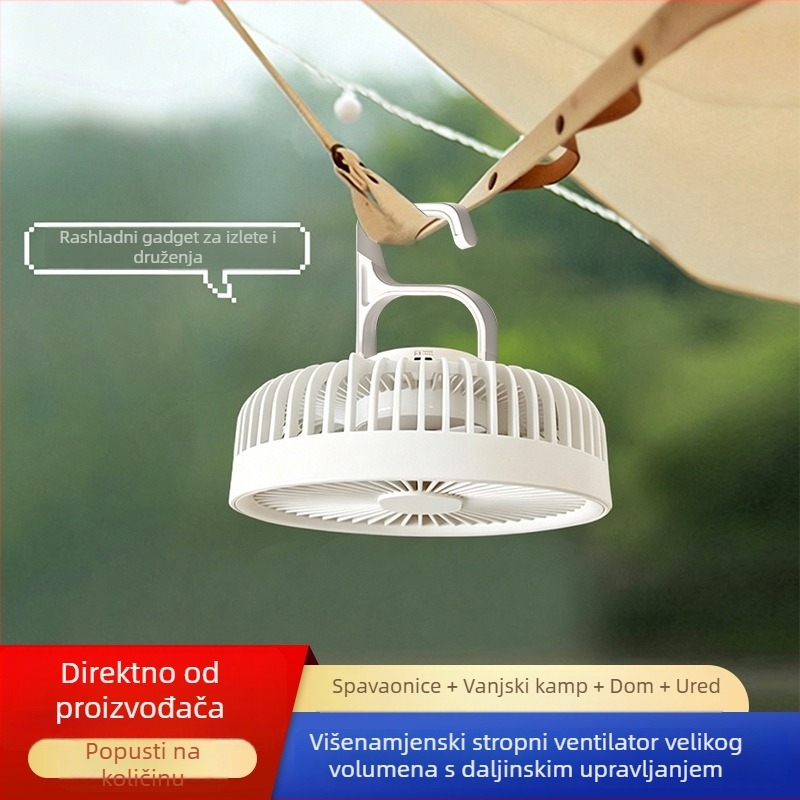 Vanjski kamping ventilator sa noćnim svjetlomom, 2-u-1, prenosni USB punjivi, može se objesiti ili postaviti.