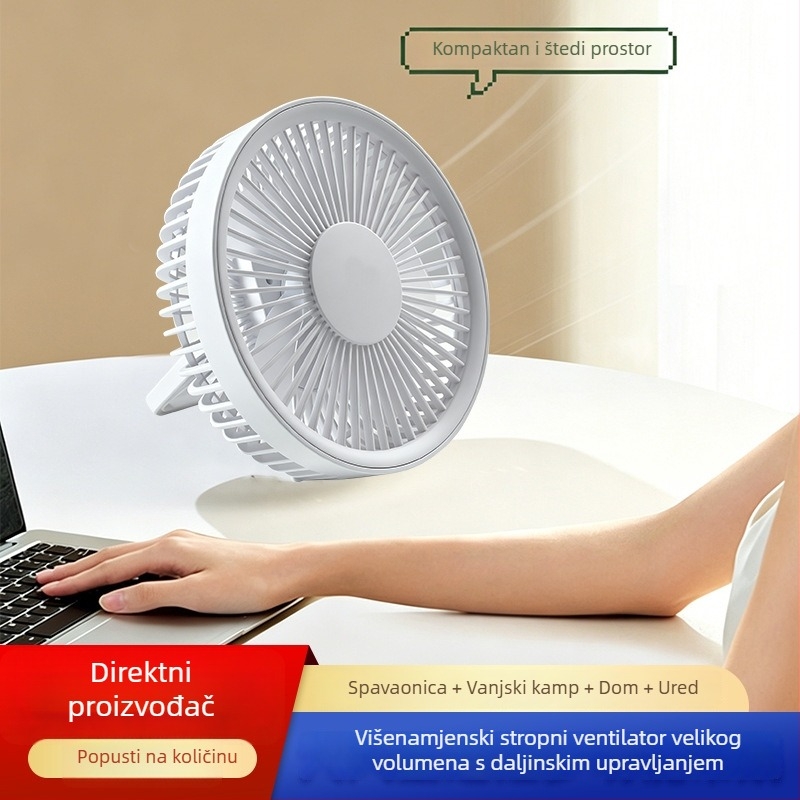 Vanjski kamping ventilator sa noćnim svjetlomom, 2-u-1, prenosni USB punjivi, može se objesiti ili postaviti.