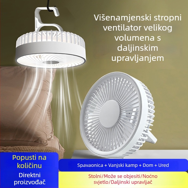 Vanjski kamping ventilator sa noćnim svjetlomom, 2-u-1, prenosni USB punjivi, može se objesiti ili postaviti.