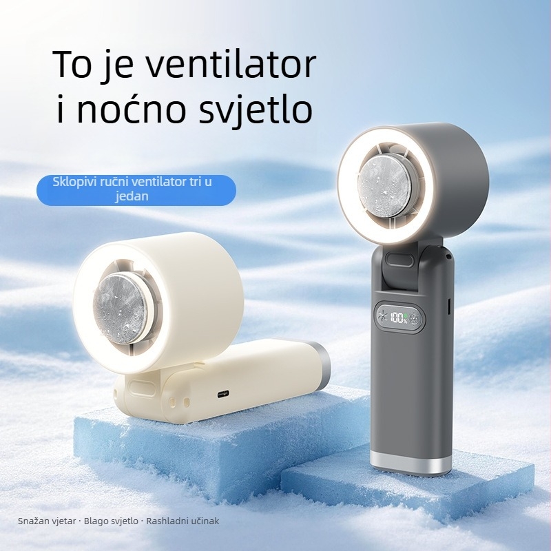Sklopivi ručni ventilator s noćnom lampom, dodatnom svjetlošću, HD zaslonom, snažnim protokom zraka, prilagodljiv