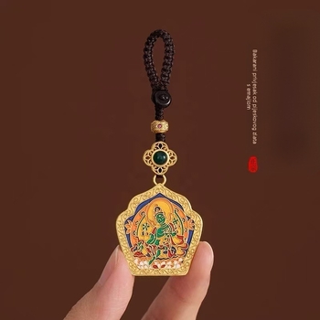 Tibetanski stil: bakreni privjesak za ključeve s Thangka motivom Zelenog Tare i Guanyin Bodhisattva za mir, s pozlaćenim završnim slojem, unisex.