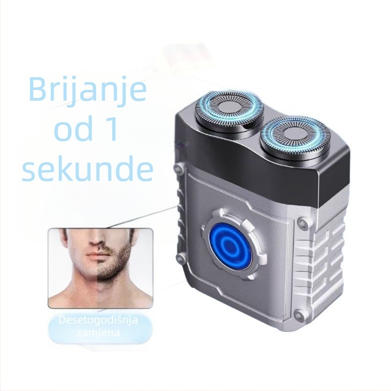 Vodootporan mini električni brijač za muškarce, putne veličine, rotirajuća dvoglava glava, kućište od aluminijske legure, mokro/suvo brijanje, punjivo