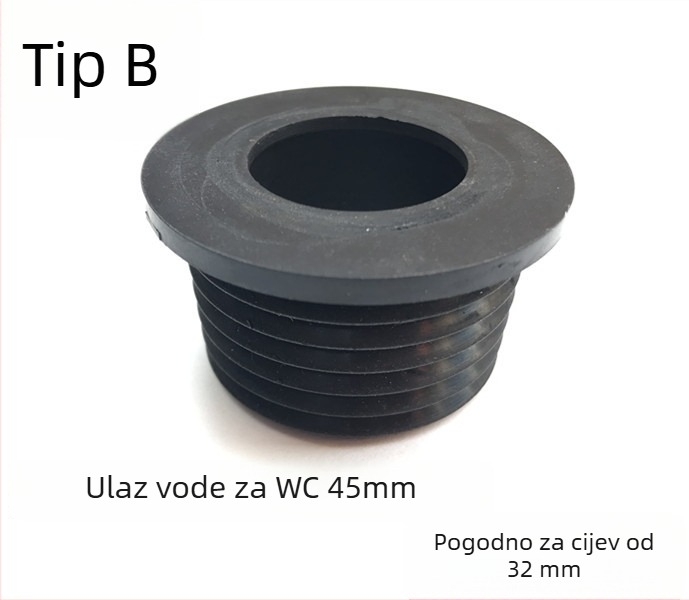 Gumeno brtvilo za klozet čučanj: brtva za dovod vode i ispirni ventil, cijev 32 mm, 1-inčni priključak, promjer izlaza 45 mm