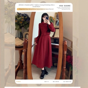 Plus-size dvodijelni set: crveni top i haljina u kineskom retro stilu za jesen-zimu