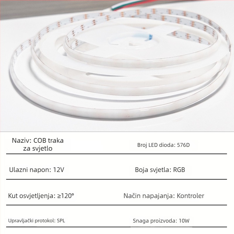 5 mm široka COB RGB LED traka, 576 LED/m, 12V, 14W/m, dimmabilna, daljinsko upravljanje, unutarnje osvjetljenje