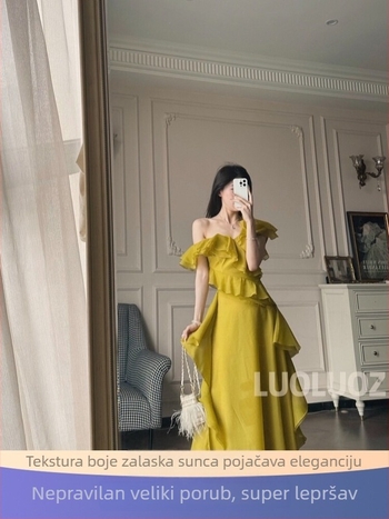 Žuta haljina boje zalaska sunca, elegantan struk, eteričan stil, A-linija s asimetričnim rubom za žene