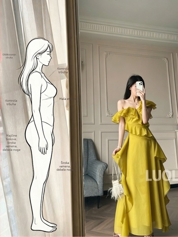 Žuta haljina boje zalaska sunca, elegantan struk, eteričan stil, A-linija s asimetričnim rubom za žene