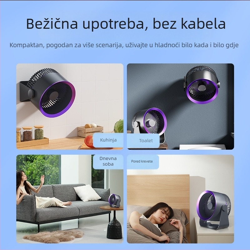 Stenski ventilator s baterijom, bez bušenja, 4 lopatice, USB punjenje, 3 brzine, tih rad, 4000-6000 mAh, kuhinja, kupaonica, spavaća soba