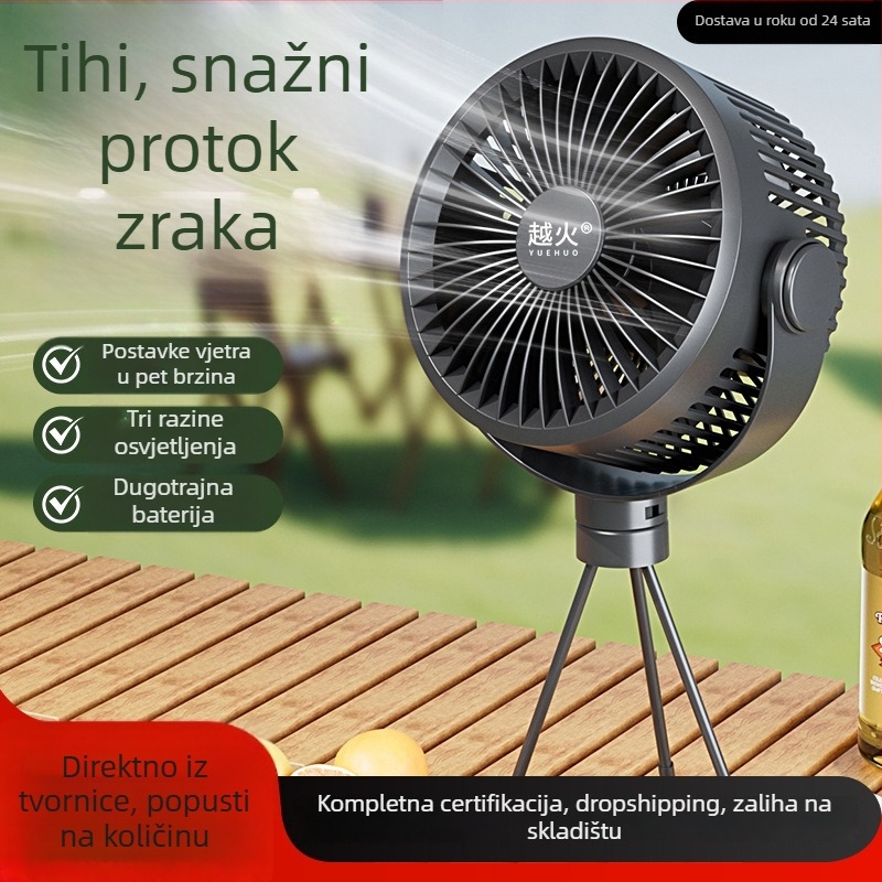 Alico prijenosni ventilator s litijskom baterijom, za kampiranje i boravak na otvorenom, 3 lopatice, 5 brzina, s nosačem na stalku ili mogućnošću viseći