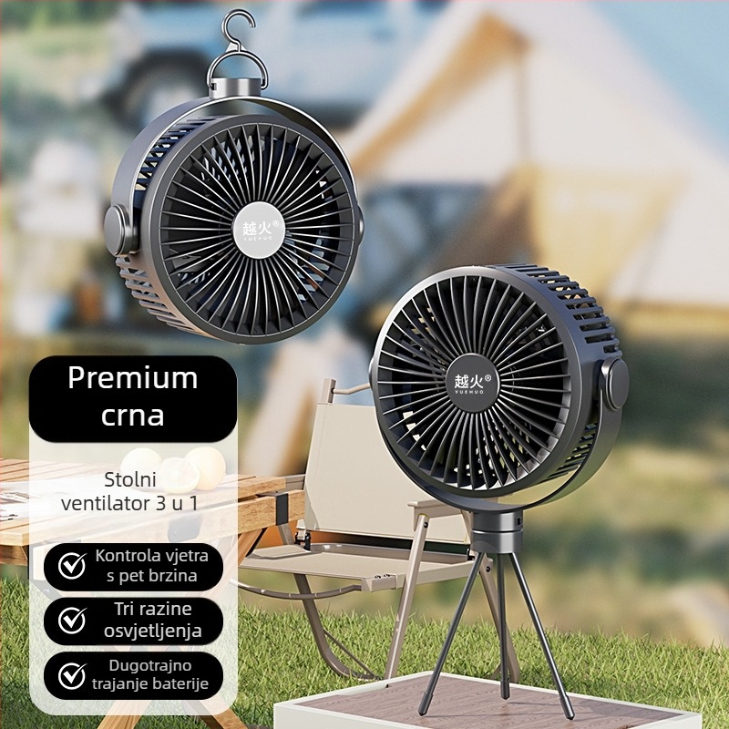 Alico prijenosni ventilator s litijskom baterijom, za kampiranje i boravak na otvorenom, 3 lopatice, 5 brzina, s nosačem na stalku ili mogućnošću viseći