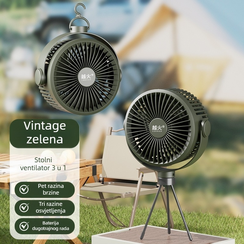 Alico prijenosni ventilator s litijskom baterijom, za kampiranje i boravak na otvorenom, 3 lopatice, 5 brzina, s nosačem na stalku ili mogućnošću viseći