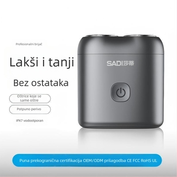 Novi električni brijač s dvostrukom glavom, kompaktan, punjiv, prijenosan za poslovna putovanja, potpuno periv muški brijač.