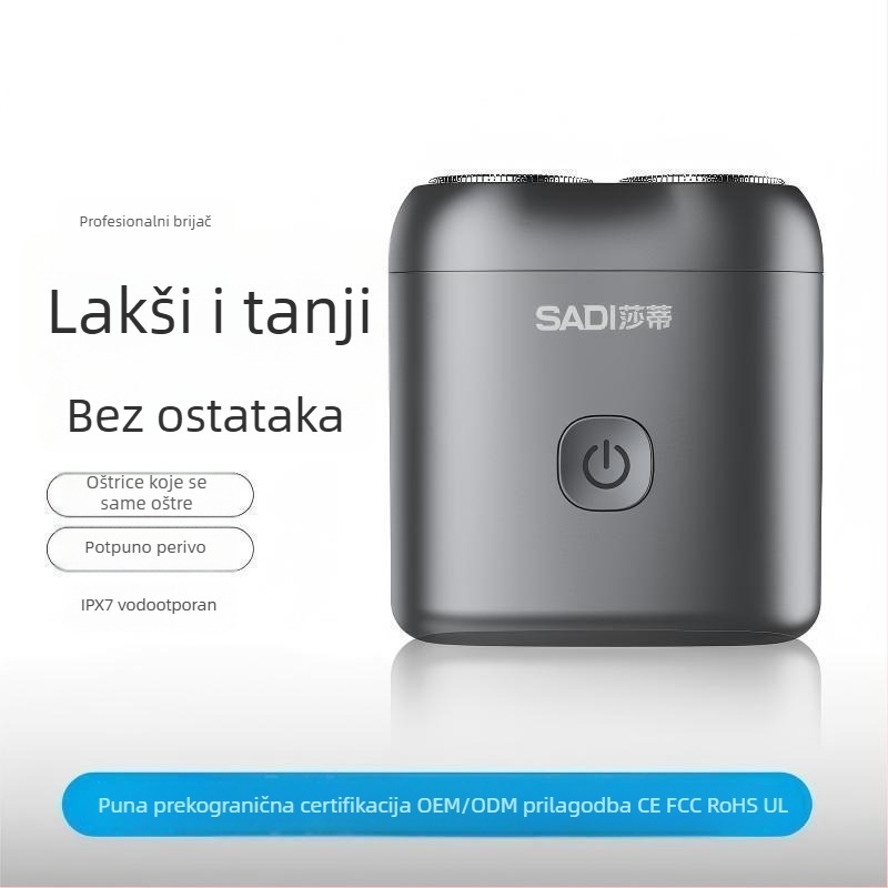 Novi električni brijač s dvostrukom glavom, kompaktan, punjiv, prijenosan za poslovna putovanja, potpuno periv muški brijač.
