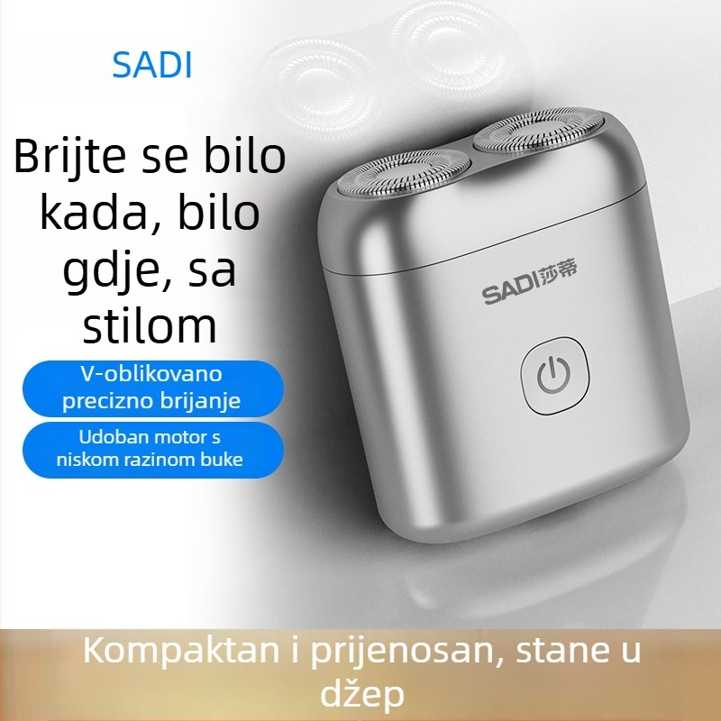 Novi električni brijač s dvostrukom glavom, kompaktan, punjiv, prijenosan za poslovna putovanja, potpuno periv muški brijač.