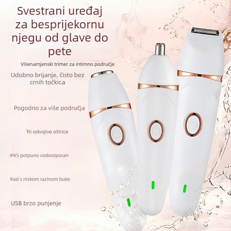 Ženski 3-u-1 uređaj za uklanjanje dlačica, potpuno periv, USB punjenje, depilacija i trimer za nos