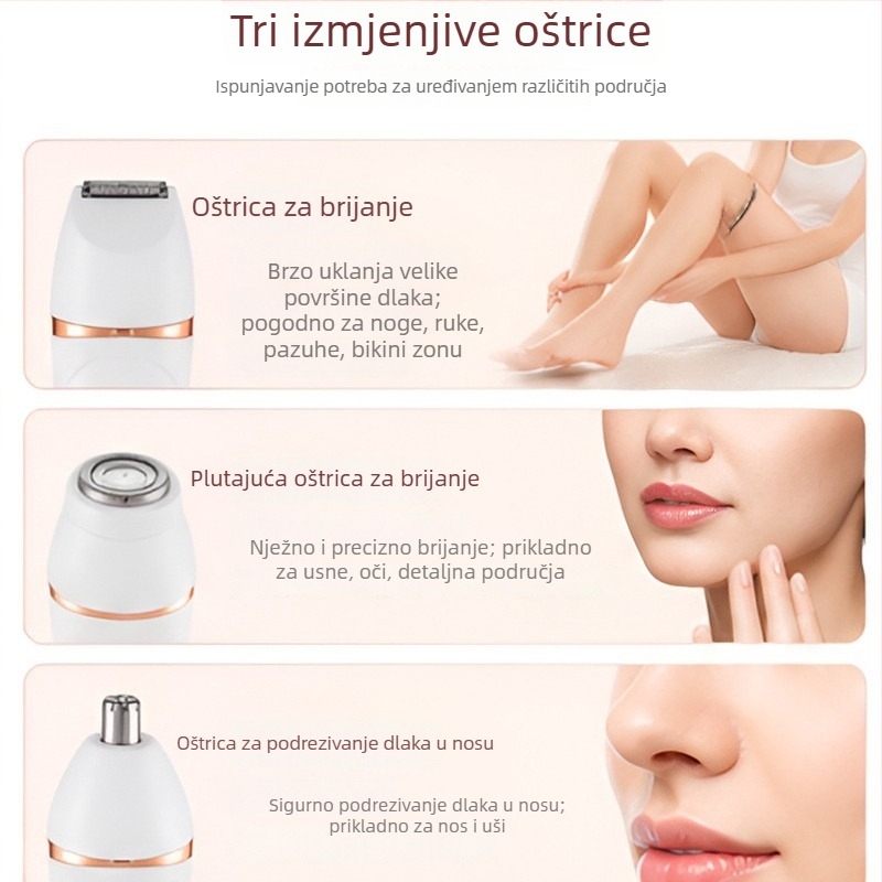 Ženski 3-u-1 uređaj za uklanjanje dlačica, potpuno periv, USB punjenje, depilacija i trimer za nos