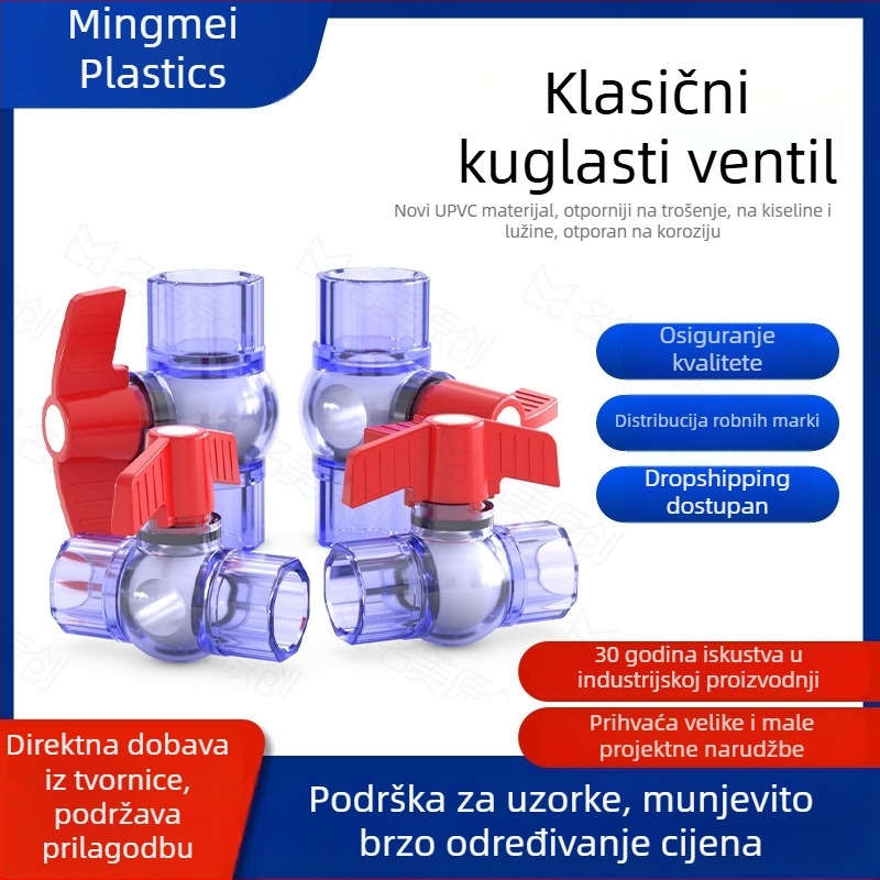 Prozirni PVC kuglični ventil za akvarij s prekidačem, 1 inč