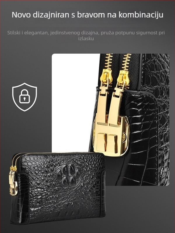 Muška clutch torba od prave kože s uzorkom krokodila, više pretinaca, zaključavanje kodom, dvostruki zatvarač, zaštita od krađe