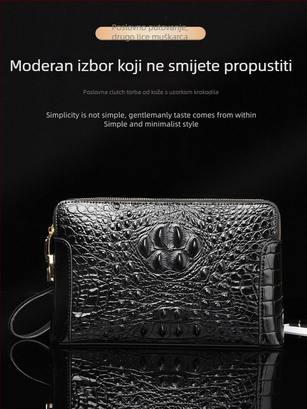 Muška clutch torba od prave kože s uzorkom krokodila, više pretinaca, zaključavanje kodom, dvostruki zatvarač, zaštita od krađe