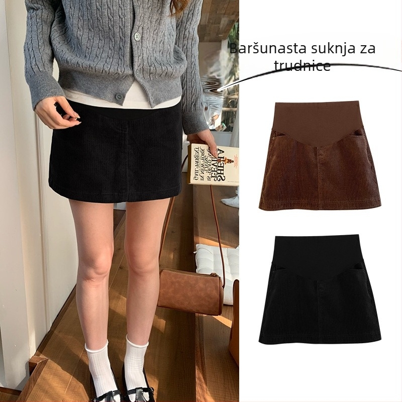 Materninska suknja A-linije, kratka, od corduroy materijala, podrška trbuhu, urban korejski stil