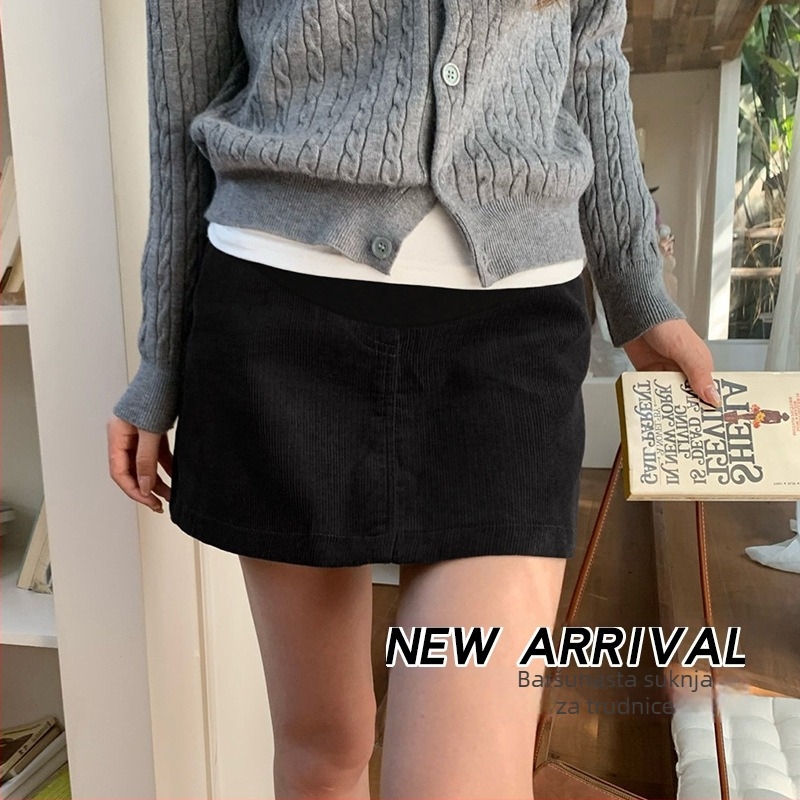 Materninska suknja A-linije, kratka, od corduroy materijala, podrška trbuhu, urban korejski stil