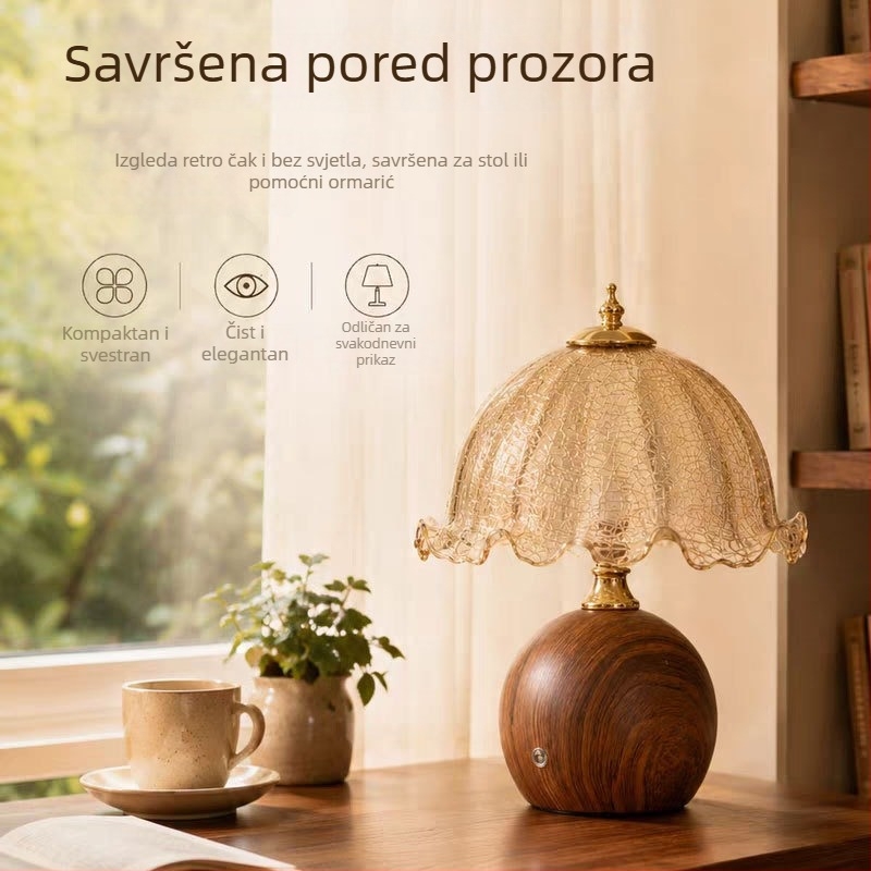Američka retro stolna svjetiljka s abazurom od stakla sa ispucalom uzorkom, za spavaću sobu i dnevni boravak, Bauhaus vintage stil