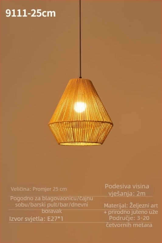 Viseći luster od ratana u antičkom stilu, sjenilo od prirodne konopne užadi, LED, 220V; pogodan za blagovaonu, čajanu i butik prostore