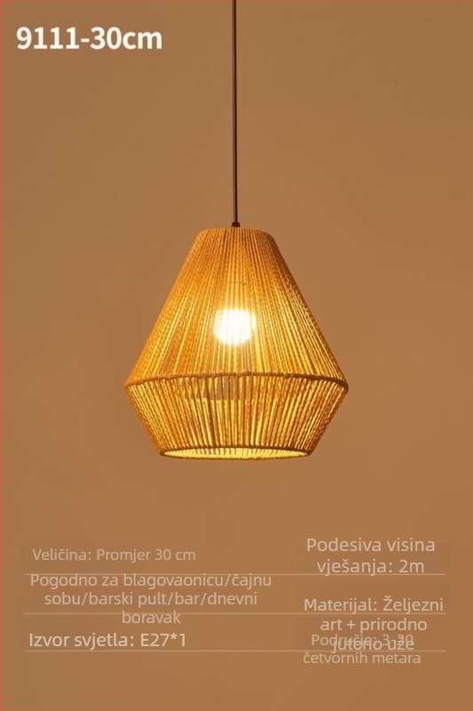 Viseći luster od ratana u antičkom stilu, sjenilo od prirodne konopne užadi, LED, 220V; pogodan za blagovaonu, čajanu i butik prostore