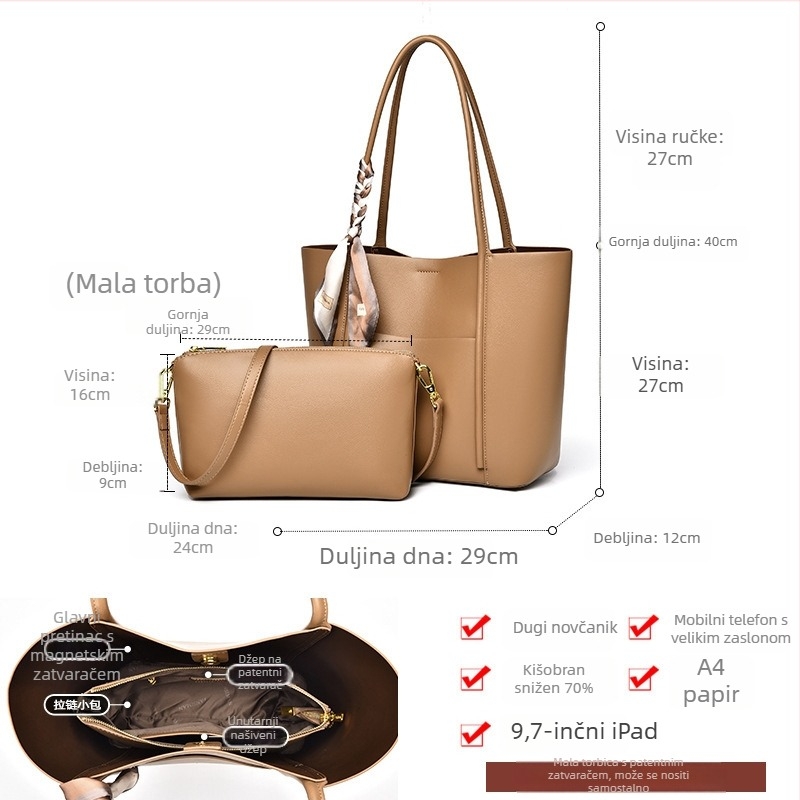 Ženska košara-torba tote sa svilenim šalom, vrhunski retro stil, jednobojna torba za rame