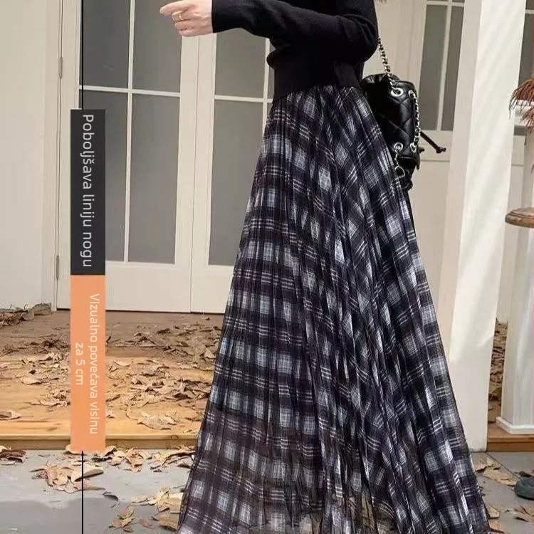 Retro karirana mrežasta suknja 206, visokim strukom, plus-size, A-linija, midi duljina, za žene