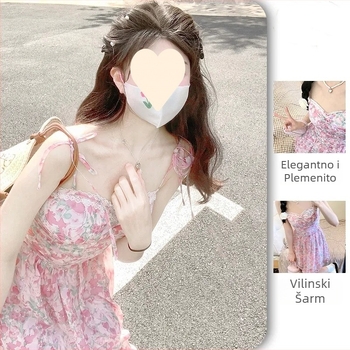Chiffon haljina s visokim strukom i cvjetnim uzorkom, tanke naramenice, ljeto, A-silueta, vintage stil