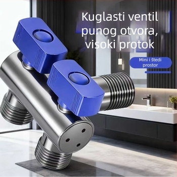 Debljeni nerđajući čelik, kutni kuglasti ventil s 1 ulazom i 2 izlaza, visokoprotočni kuglasti ventil, neovisni prekidač, dvostruka ručka, dvostruki nadzor, kompaktnog dizajna za uštedu prostora